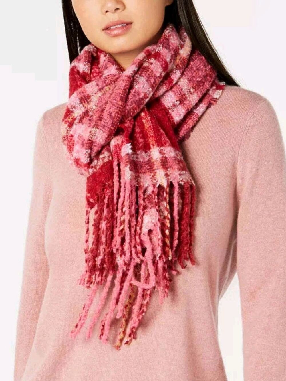 Echo 23 NYC Plaid Fringe Scarf Soft 20 in. X 70 in.  NWT Red Pink